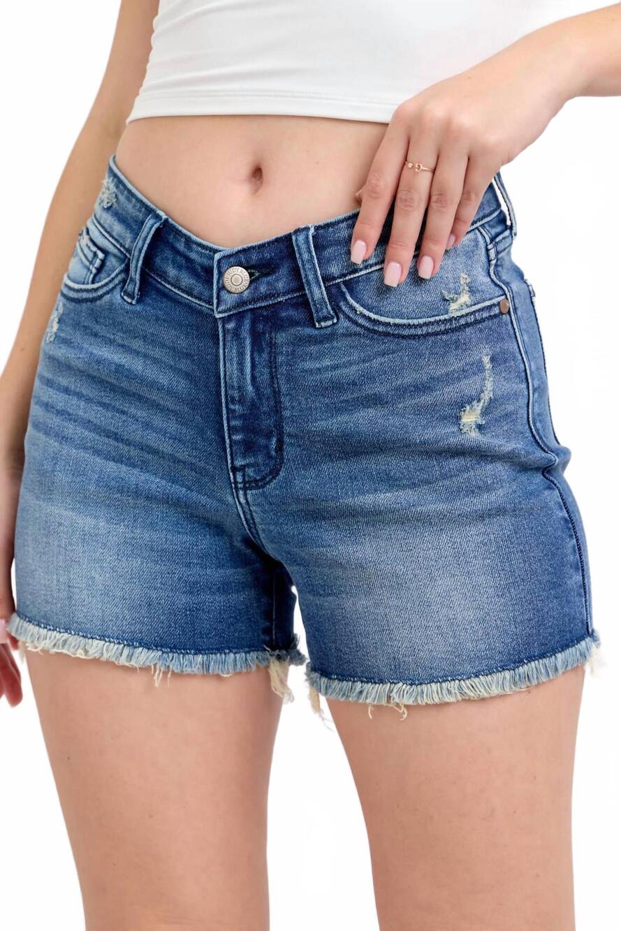 NEW JUDY BLUE v-front shorts with shield pockets in blue